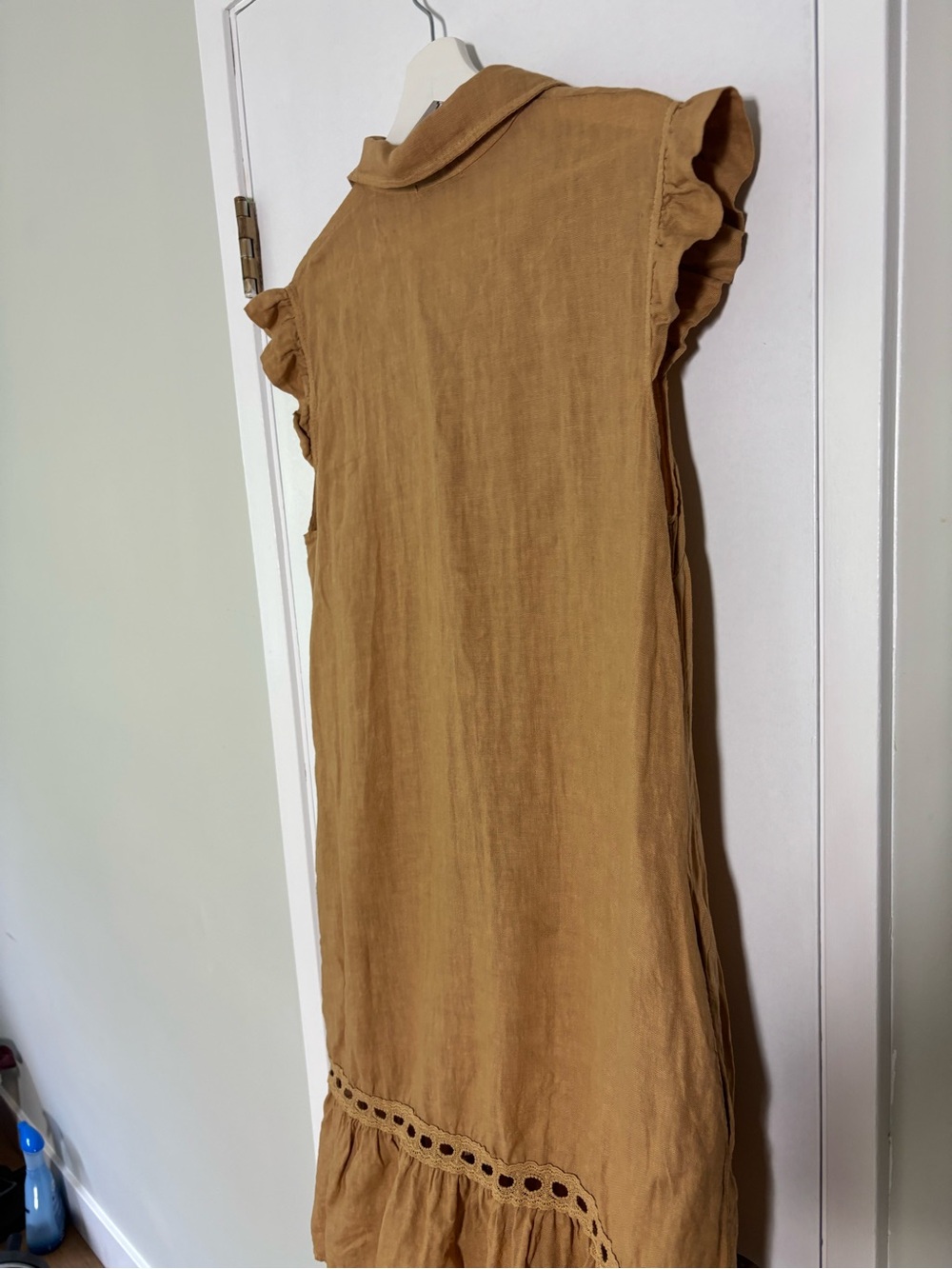 Meo Meli Italian Linen Dress M/L Camel Button Front Eyelet Trim Lagenlook Boho - Picture 9 of 10